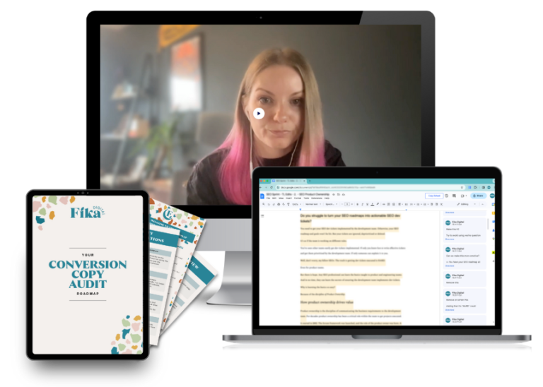 Conversion copywriter - Tasmin at Fika Digital is smiling while typing on her Macbook