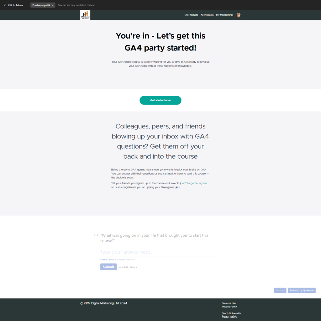 Course sales page copywriting project for KRM Digital - Screenshot of Thank you page copy