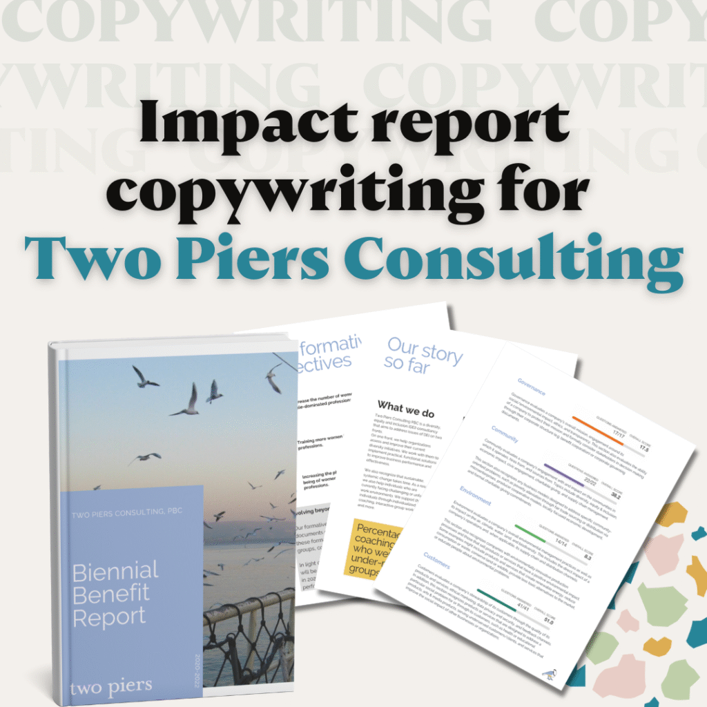 Biennial Benefit Report for Two Piers Consulting showing a fan-out of pages from the report. Produced by Fika Digital.