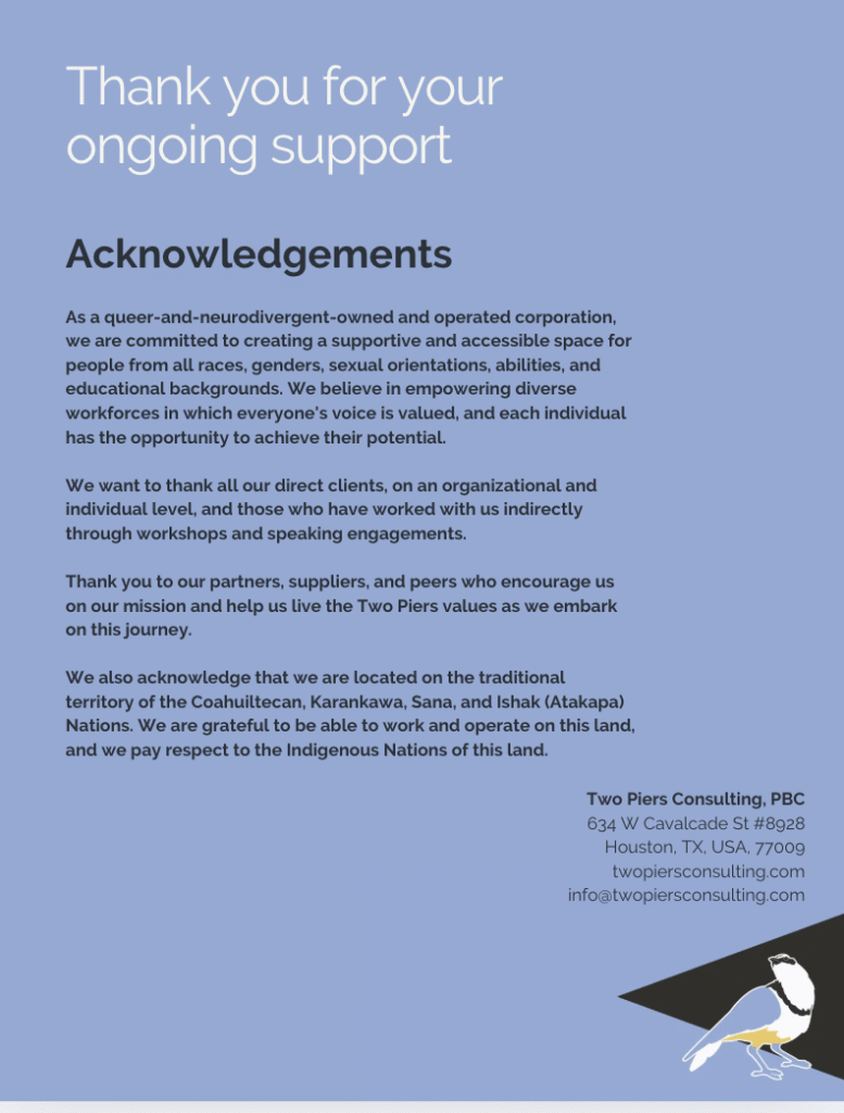 Screenshot of Acknowledgment page copy from the Two Piers Consulting  Biennial Benefit Report showing a fan-out of pages from the report. Produced by Fika Digital.