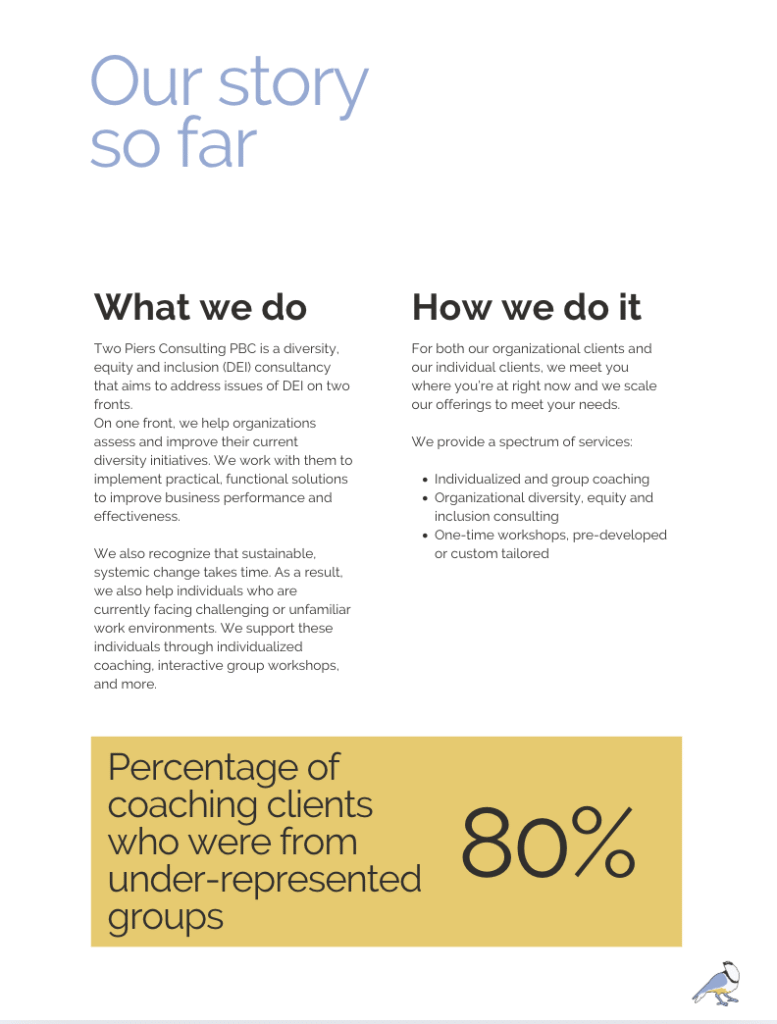 Screenshot of the 'Our story so far' page copy from the Two Piers Consulting  Biennial Benefit Report showing a fan-out of pages from the report. Produced by Fika Digital.