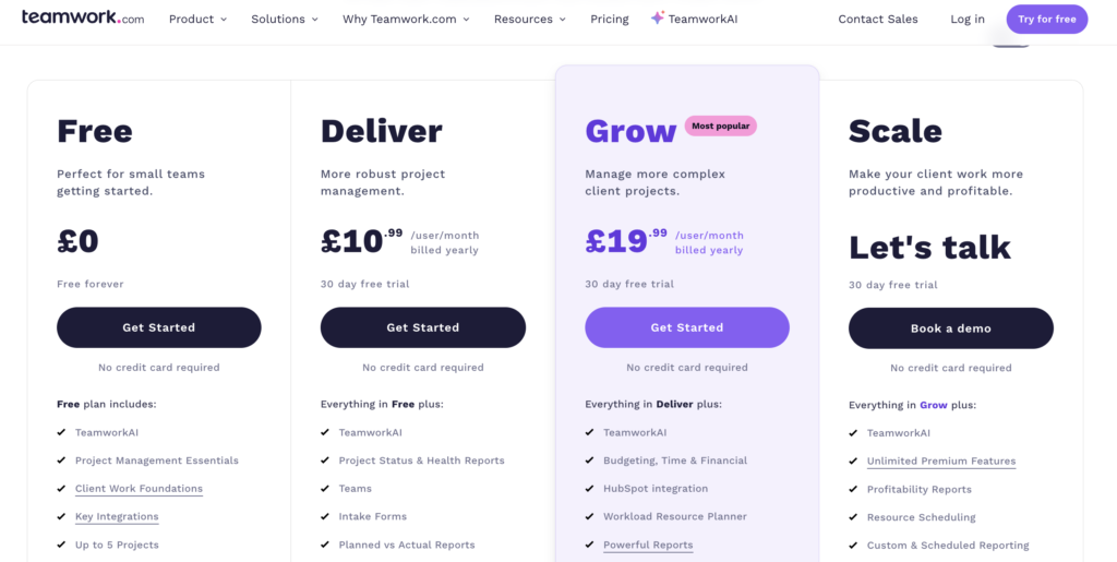 Screenshot of Teamwork's pricing page showing the Grow column standing out in a purple colour
