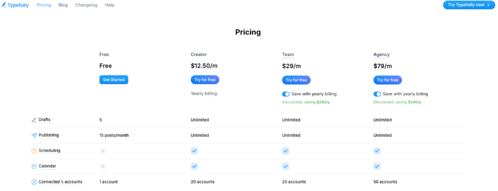 Screenshot of Typefully's pricing page