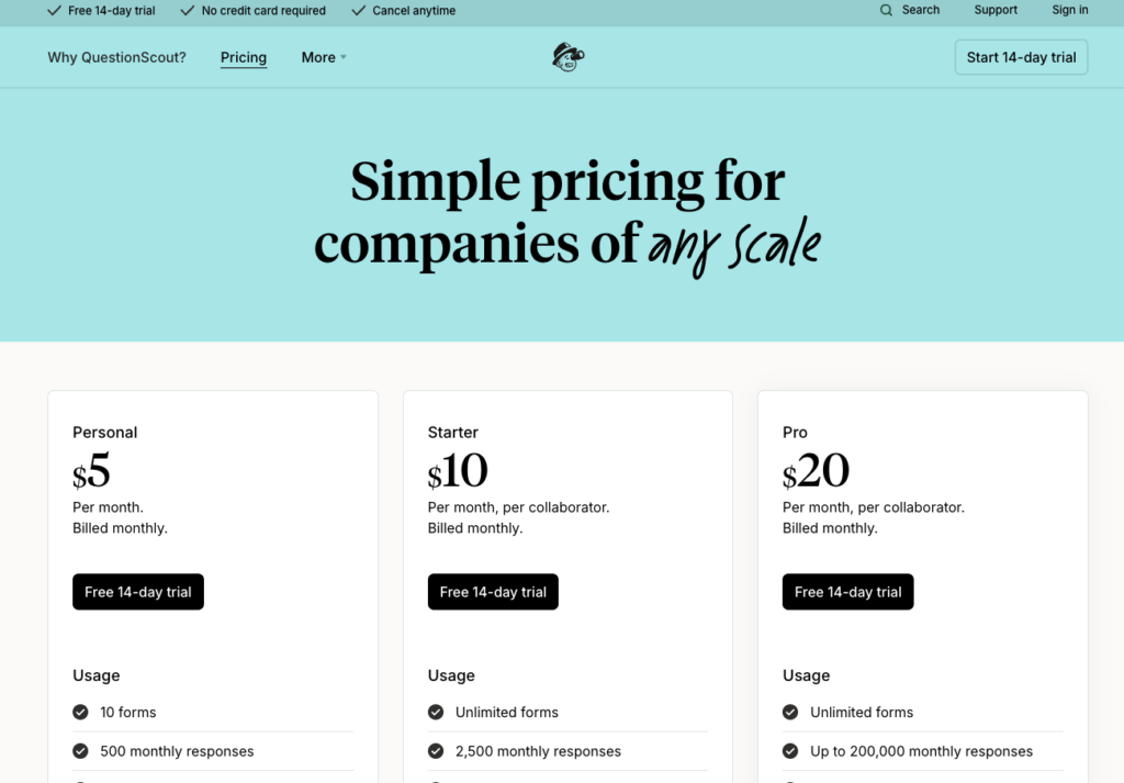 Screenshot of of QuestionScout's pricing page