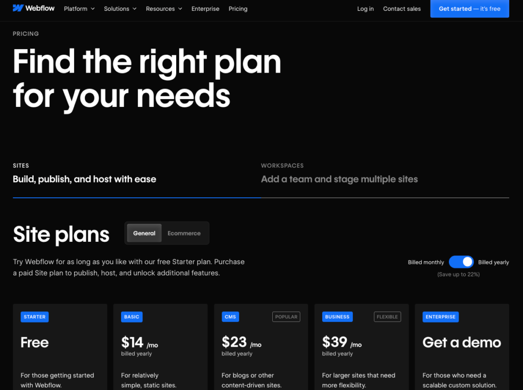 Screenshot of Webflow's pricing page