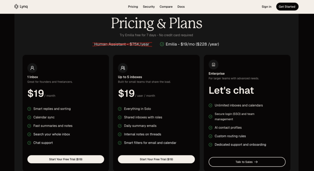 Screnshot of Lynq's pricing page table which compares their pricing to using a human assistant