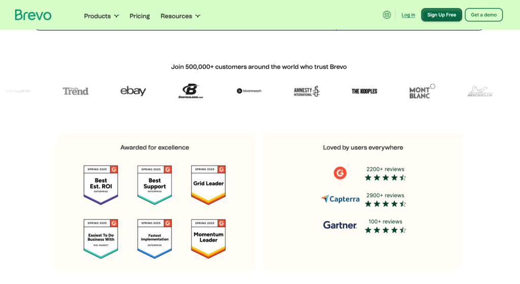 Screenshot showing social proof on Brevo's pricing page