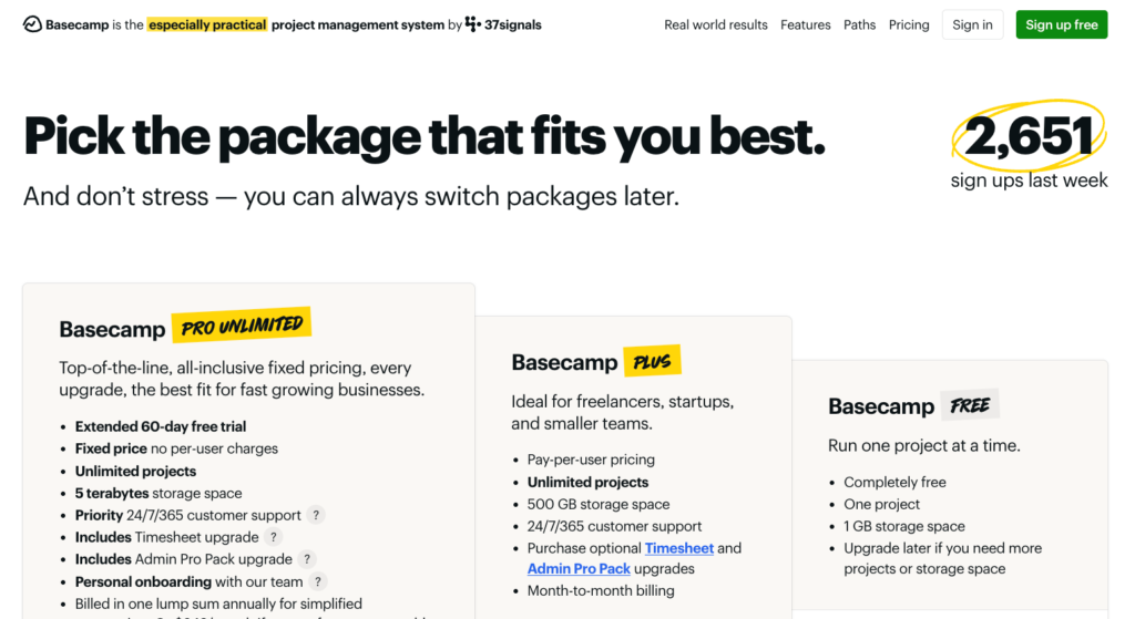 Screenshot showing pricing table and social proof 'sign-ups last week' statistic on Basecamp's pricing page